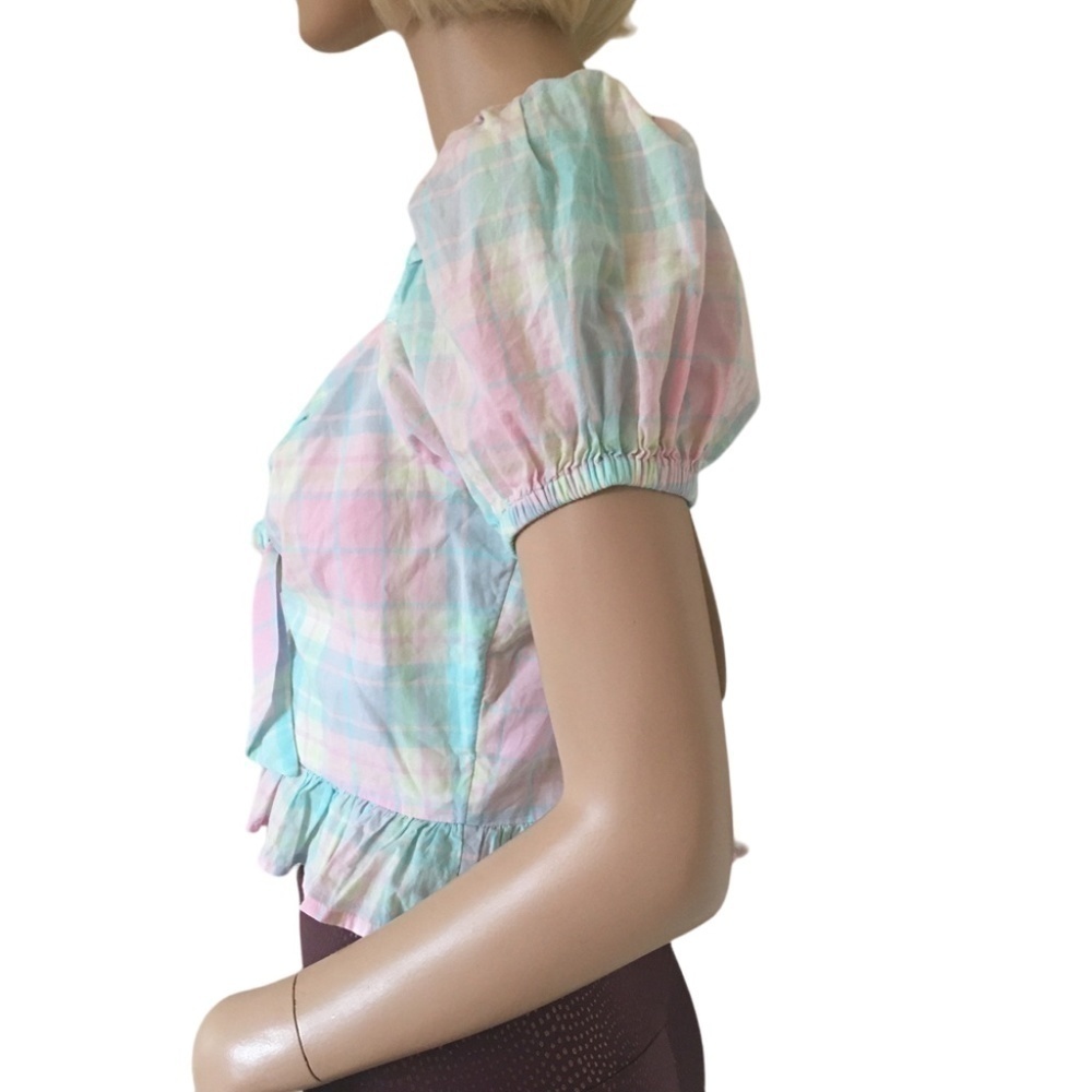 NORDSTROM ABOUND Blouse Pretty Pastel Plaid Tartan Cotton Top Front Bow Tie - Picture 4 of 11